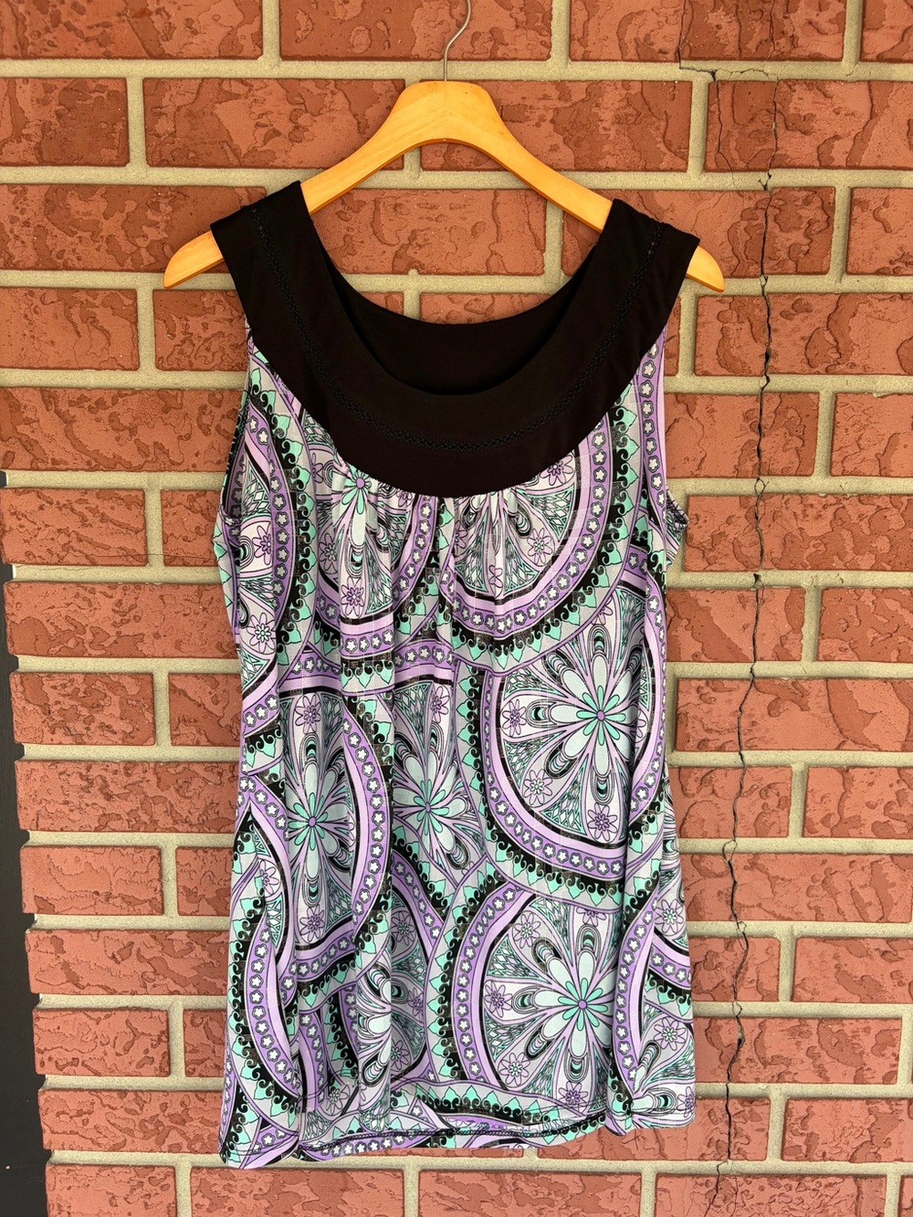 Lane Bryant Black Yoke Tank with Lavender & Mint Medallion Print